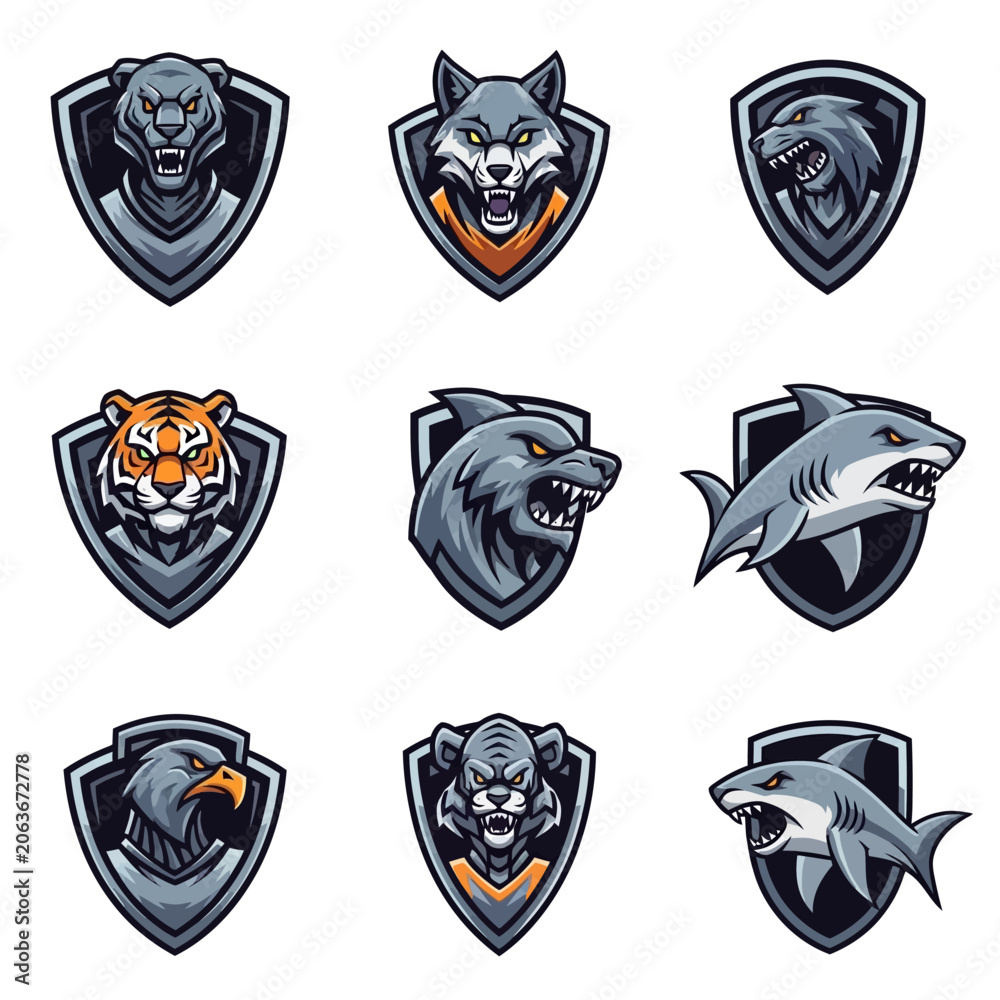 Obraz premium Animal Crest Emblems: Tiger, Wolf, Shark, Eagle, Bear, Lion, Panther, Fox, Lion
