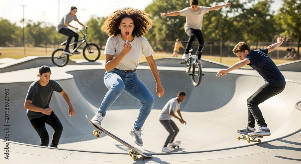 Obraz premium Diverse teenagers skateboarding and cycling at a concrete outdoor skatepark