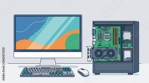 Flat vector illustration combining desktop computer components on a desk