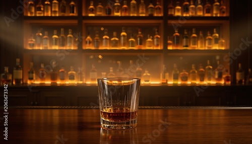 A crystal glass of premium whiskey on a wooden bar counter, conveying ultimate luxury, sophisticated nightlife, and refined relaxation under warm amber lighting.
