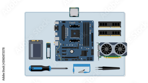 A detailed flat vector illustration combining simple computer hardware components on a table.