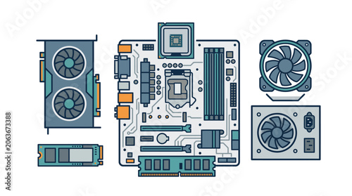 A detailed vector illustration of computer hardware components on a desk