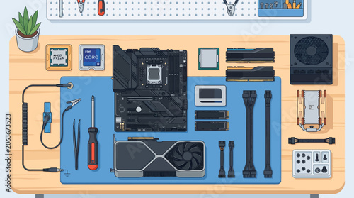 Flat vector illustration of computer components on a workbench with tools and devices
