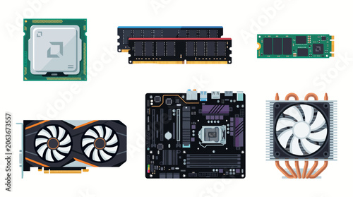 Flat vector illustration of computer hardware components on a clean white background