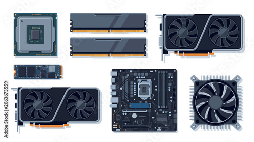 Detailed illustration showcases various computer hardware components on a clean surface