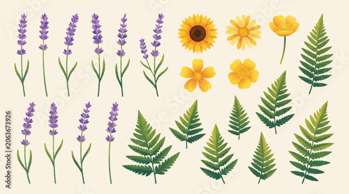 Collection of various colorful floral illustrations.