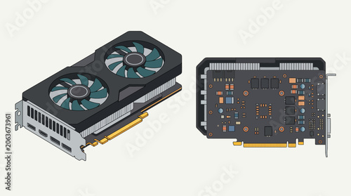 Simple flat vector illustration of a computer graphics card showing external cooling fans and internal circuit board components