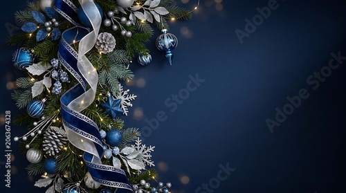 Blue and Silver Christmas Garland Border on Navy Background