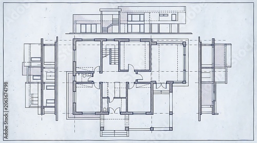 Modern residential house architectural floor plan and elevation sketch