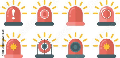 Red emergency siren and alarm light icon set isolated vector collection featuring flashing beacon symbols for crisis alerts, hazard warnings, police and emergency response interfaces.
