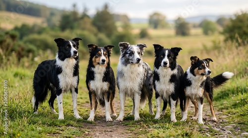 Group of Five Border Collies Standing in a Row on Countryside Path
