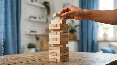Hand Placing Wooden Block on Tower for Strategy Concept