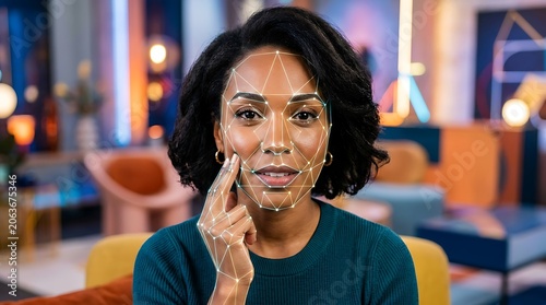 Woman with Facial Recognition Biometric Scanning Technology Overlay