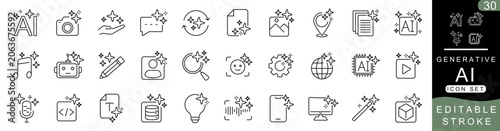 Generative AI Line Icon Set – Editable Stroke Outline Vector Icons for Artificial Intelligence, Machine Learning, Neural Network, Automation and Future Technology