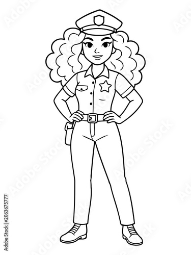 Police Officer Coloring Page: A simple line drawing of a female police officer, ready for children to color and bring to life. Featuring a confident stance and classic uniform.