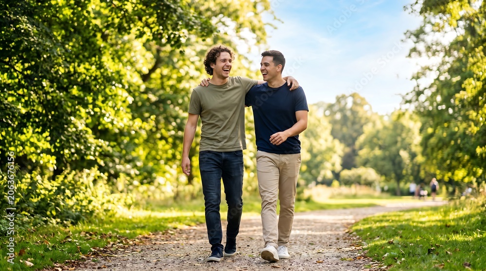 Obraz premium Two young male friends walking side by side and laughing in a sunny park, conveying strong male bonding, carefree youth, and a healthy lifestyle.