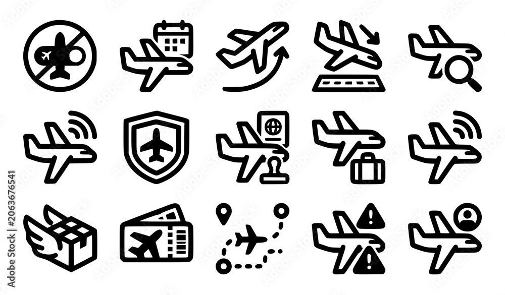 Fototapeta premium Bold airplane icon vector pack for mobile app flight tracking system and travel mode interface