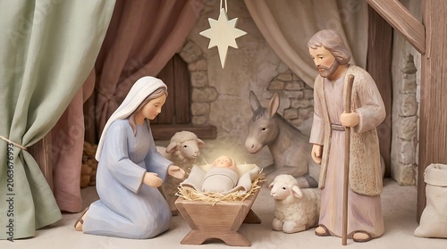 Hand Carved Wooden Nativity Scene with Holy Family and Animals