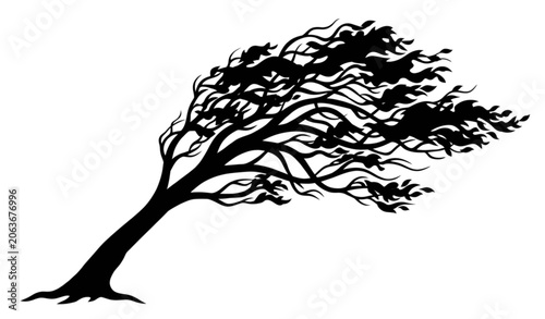 Canvas Print Wind Blown Tree Silhouette Black Dynamic Nature Landscape Icon Vector EPS 10