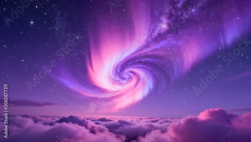 Cosmic swirl above clouds in night sky