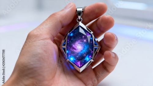 Hand holding galaxy pendant