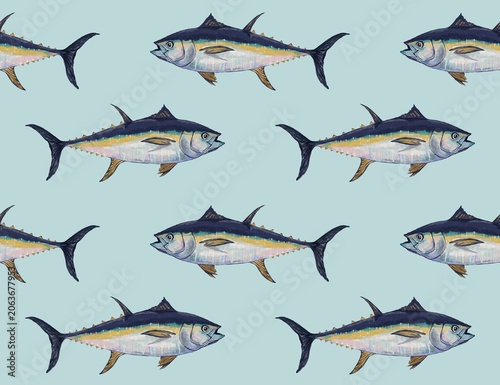 Foto seamless pattern of fresh fish tuna Hand drawn illustration on blue background