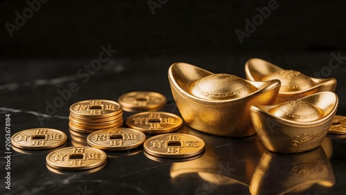 Gold ingots and coins on dark surface