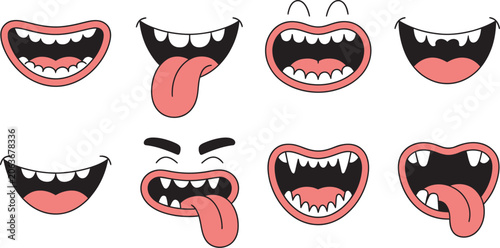 Foto Set of cartoon mouth expressions with teeth and tongues isolated vector collecti