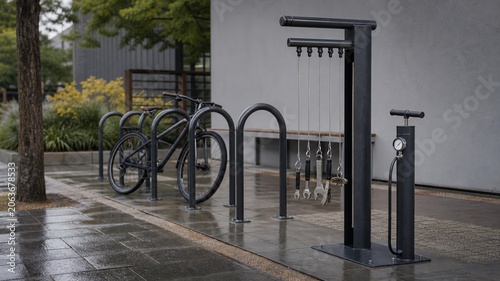 Bike repair station with tools and bike during a cloudy day in a city