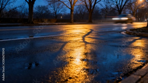 Wet road at night with car light trails