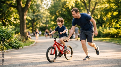 Dynamic outdoor photography of a supportive father helping his young son learn to ride a red bicycle, symbolizing paternal guidance, childhood milestones, and family care.