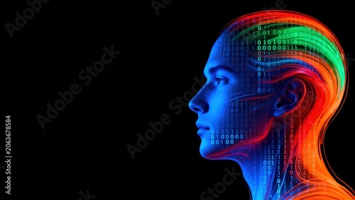 Human head with binary code and colorful data streams