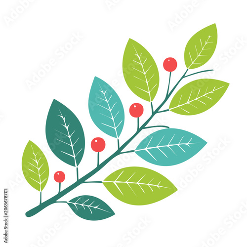 Flat design illustration of a branch with green leaves and red berries