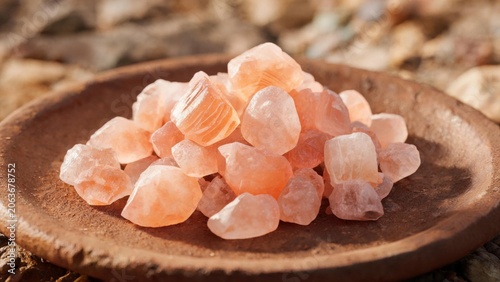 Pink rock salt crystals on clay plate