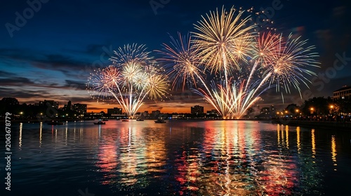 Vibrant fireworks display exploding over city river at twilight