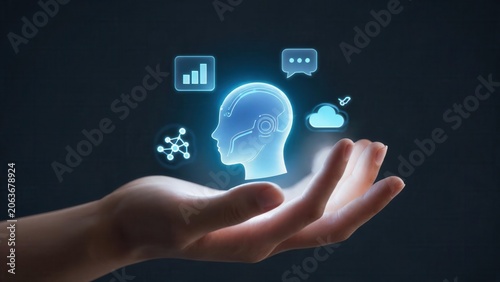 Hand holding glowing AI head with icons
