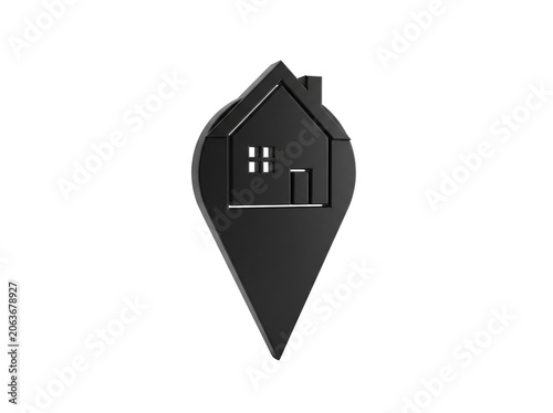 Black house icon inside a map pin marker on a white background, real estate concept