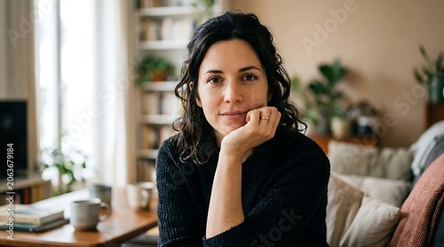 Portrait of a confident brunette woman relaxing at home