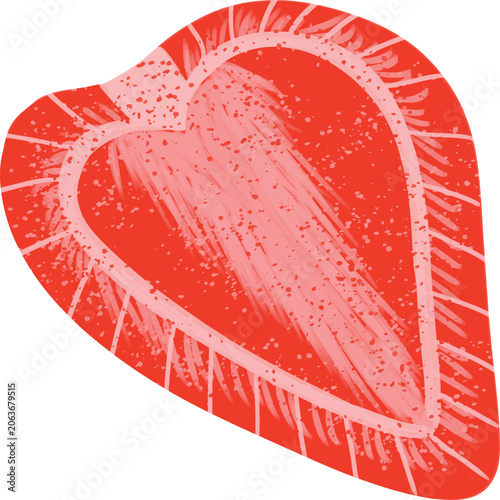 Textured Strawberry Heart Shape Cross Section with Bright Red Flesh and Tiny Seeds Fresh Cut Sweet Summer Berry Fruit Slice Illustration