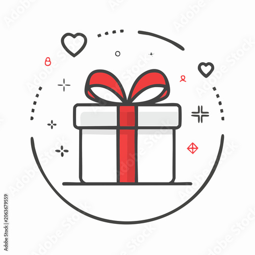 Gift Box Icon with Red Ribbon and Hearts