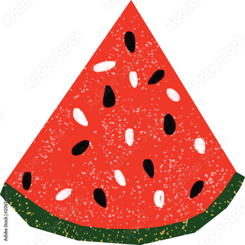 Textured Watermelon Triangle Slice with Red Juicy Flesh Black Seeds and Green Rind Fresh Cut Sweet Summer Tropical Melon Illustration