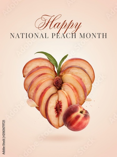 Celebrating the sweetness of National Peach Month with a heart-shaped display of sliced peaches and a whole peach. National Peach Month