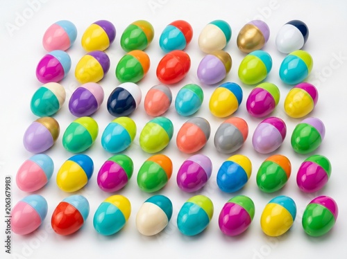 Large grid collection of two-tone colorful plastic Easter eggs isolated on white background