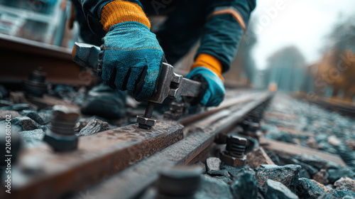 Worker in gloves tightening railroad track bolt with wrench on gravel