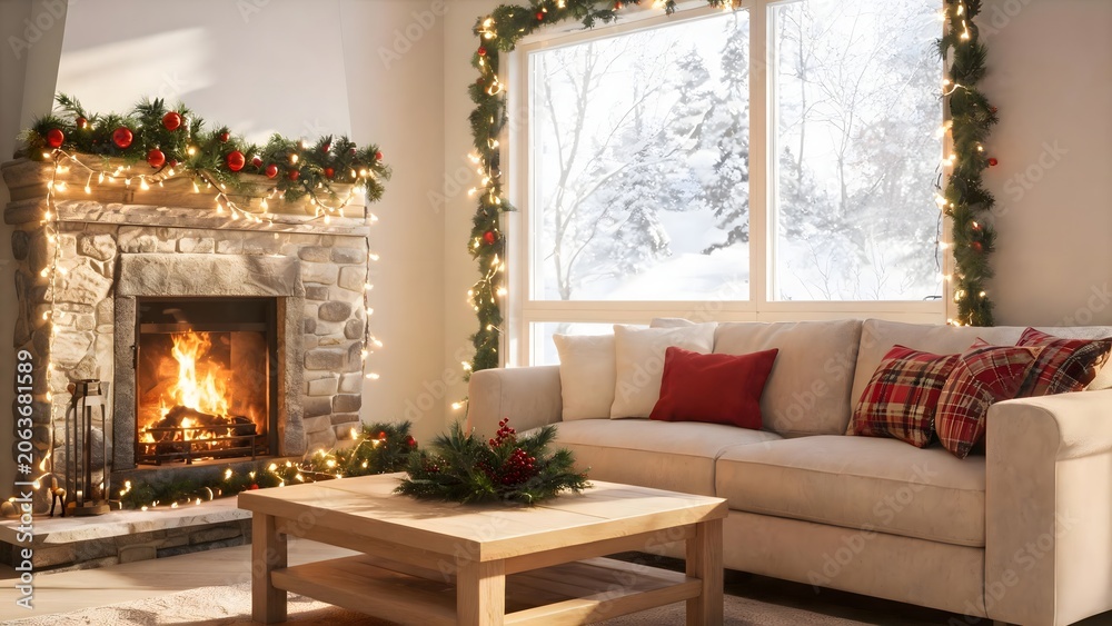 Fototapeta premium Cozy living room with fireplace and Christmas decor