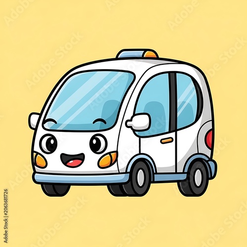 Cartoon style vintage car with happy face on yellow background.