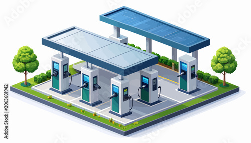 Isometric Vector Illustration of a Modern Fuel Station with Solar Panel Canopies, Providing Sustainable Energy and Vehicle Services