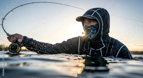 Fly fisherman casting a line while standing in water at sunset outdoors