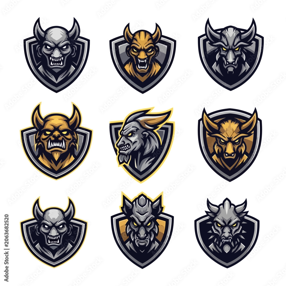 Obraz premium Set of 9 Fantasy Creature Emblems, Demon and Monster Heads on Shields, Esports Logos