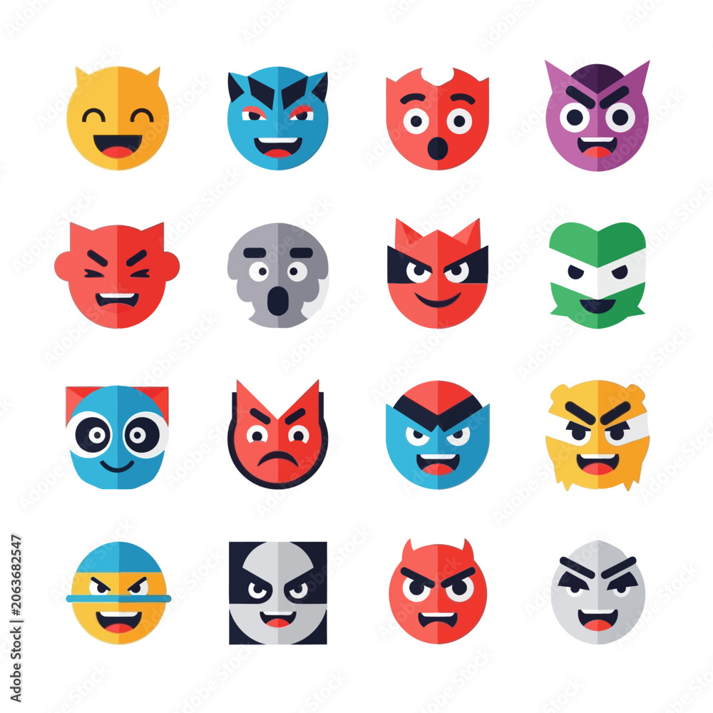 Obraz premium Set of 16 Colorful Monster Faces Emojis, Cartoon Characters, Diverse Emotions